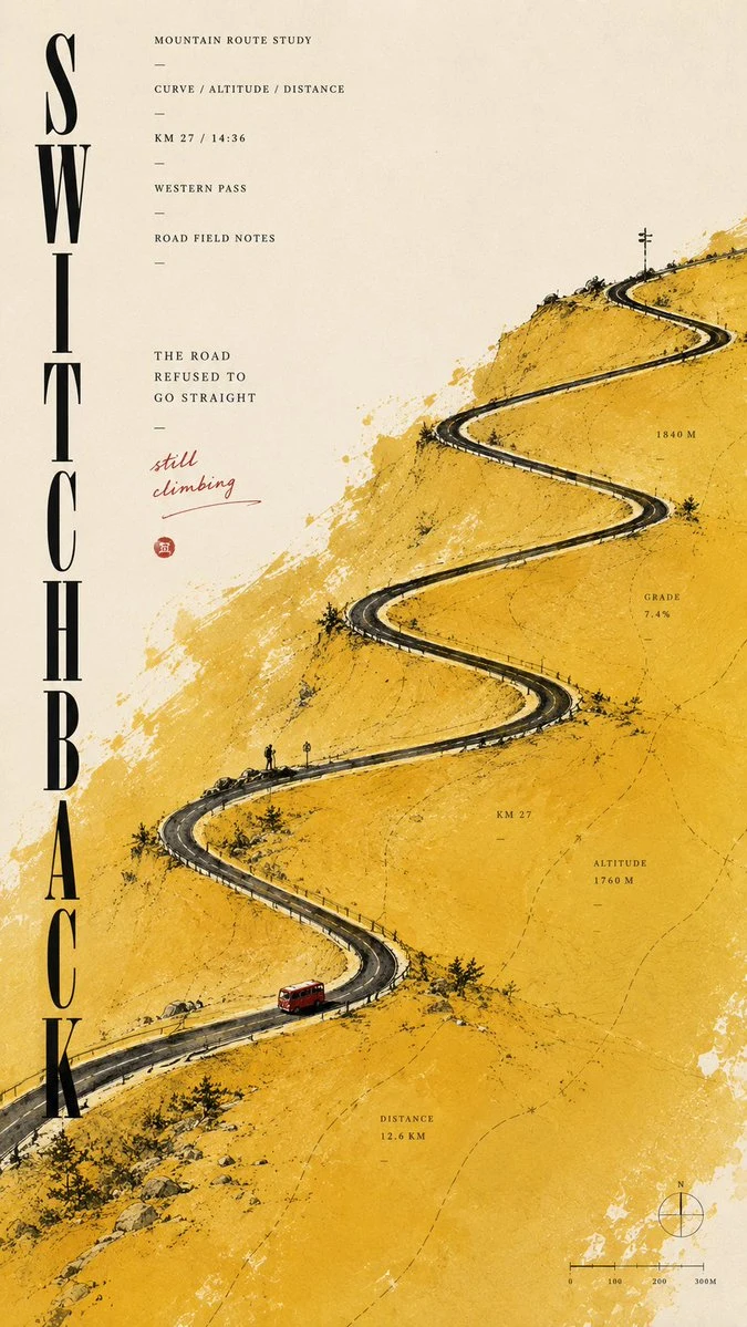 Mountain switchback editorial poster