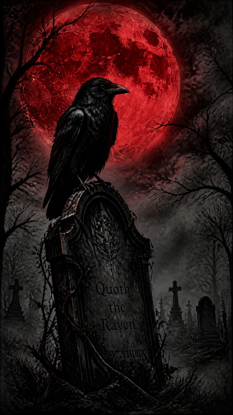 Gothic raven perched on tombstone under blood moon
