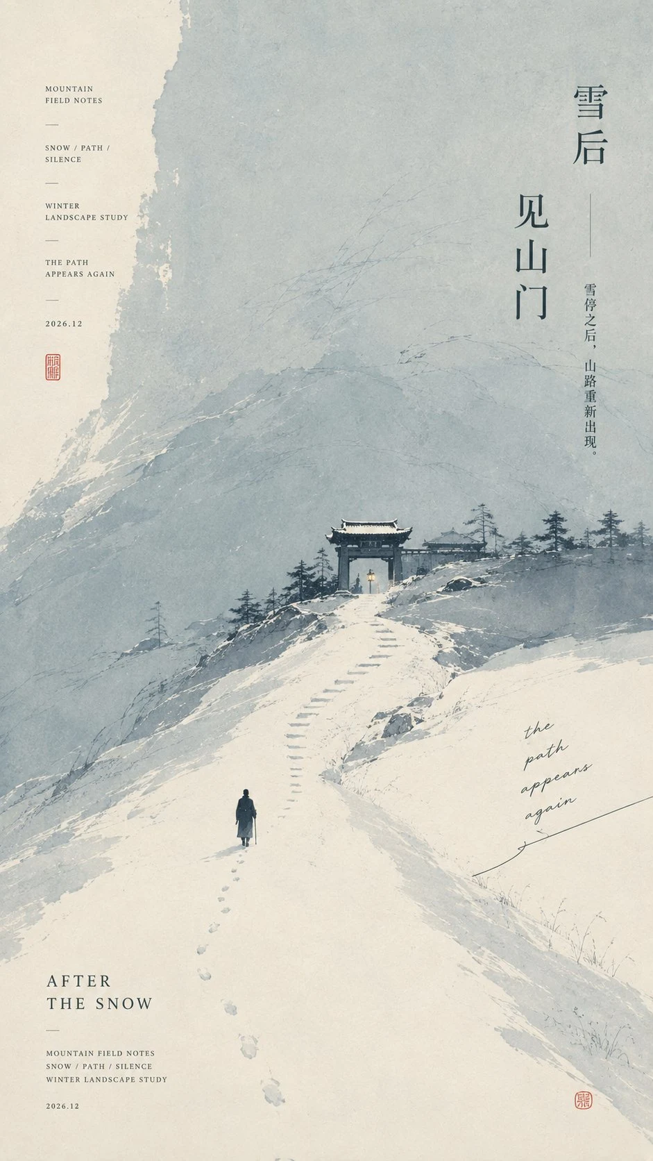 Minimalist Eastern poster of lone figure at mountain