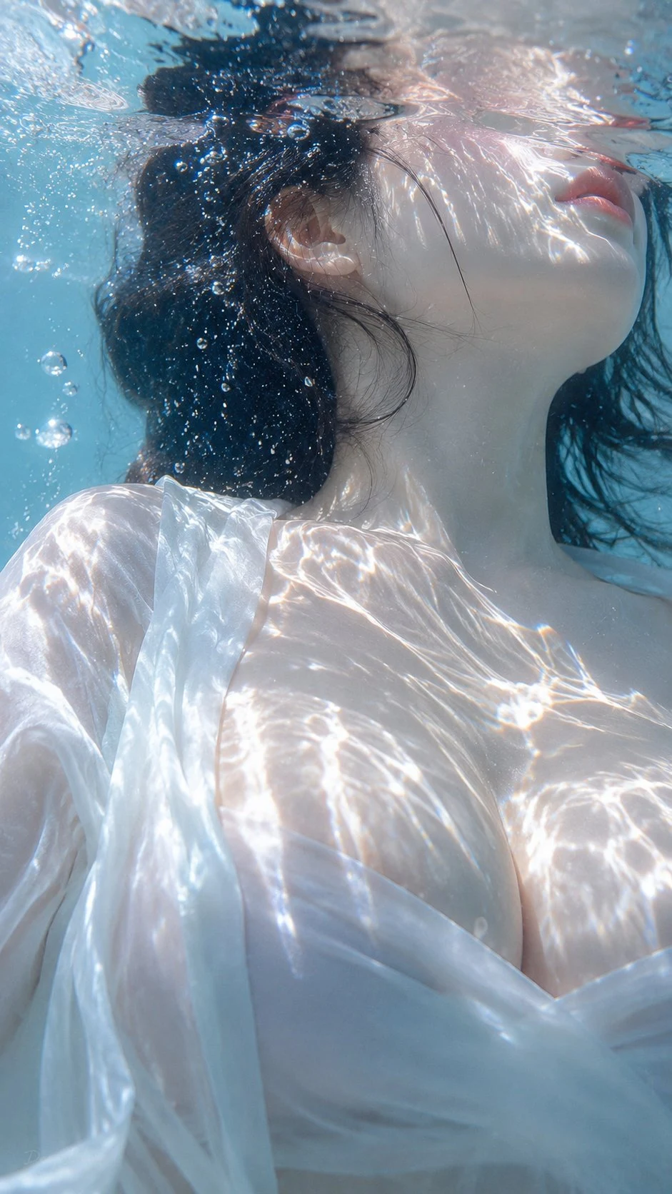 Tranquil underwater portrait of woman in white dress