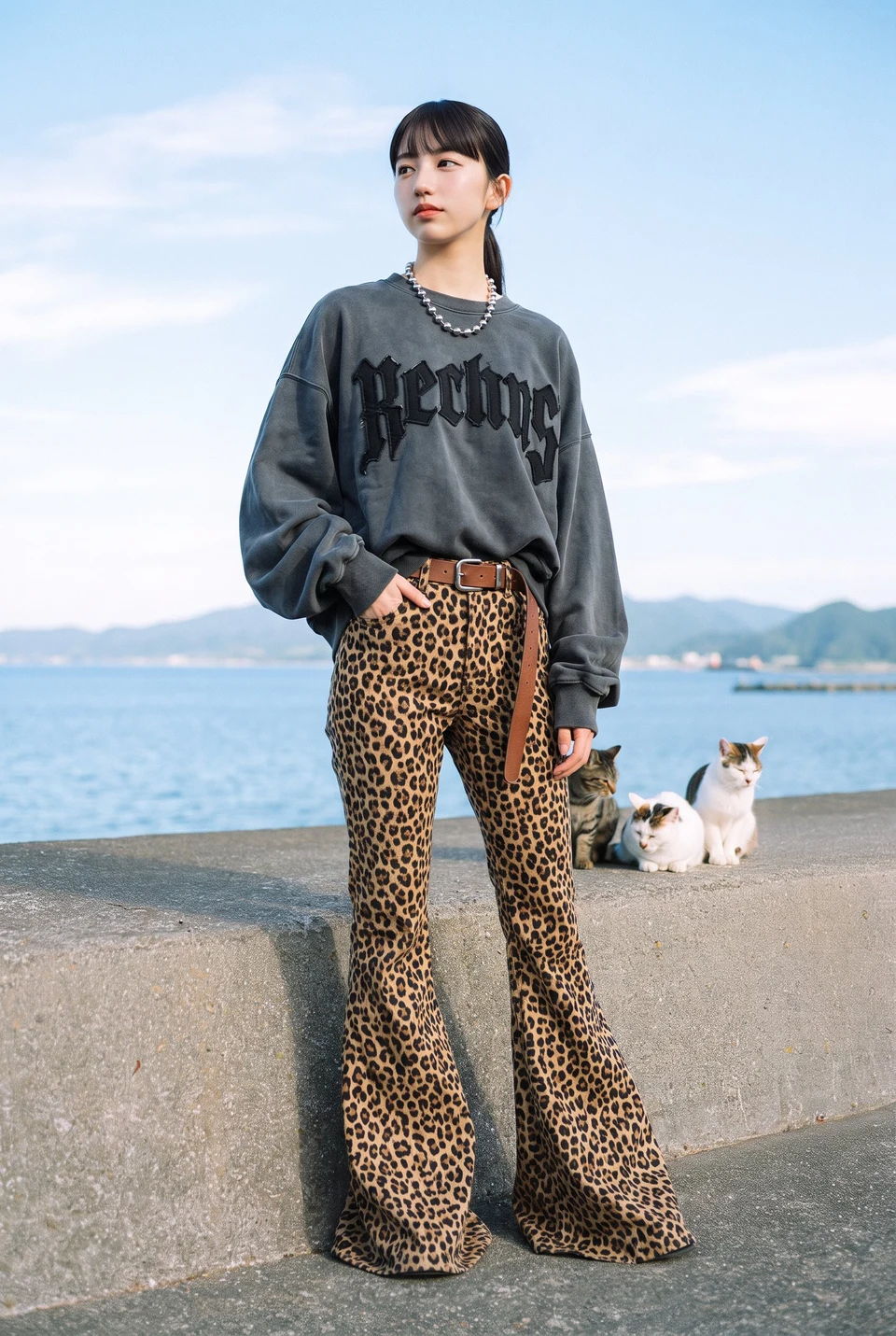 woman in oversized sweatshirt and leopard print bell