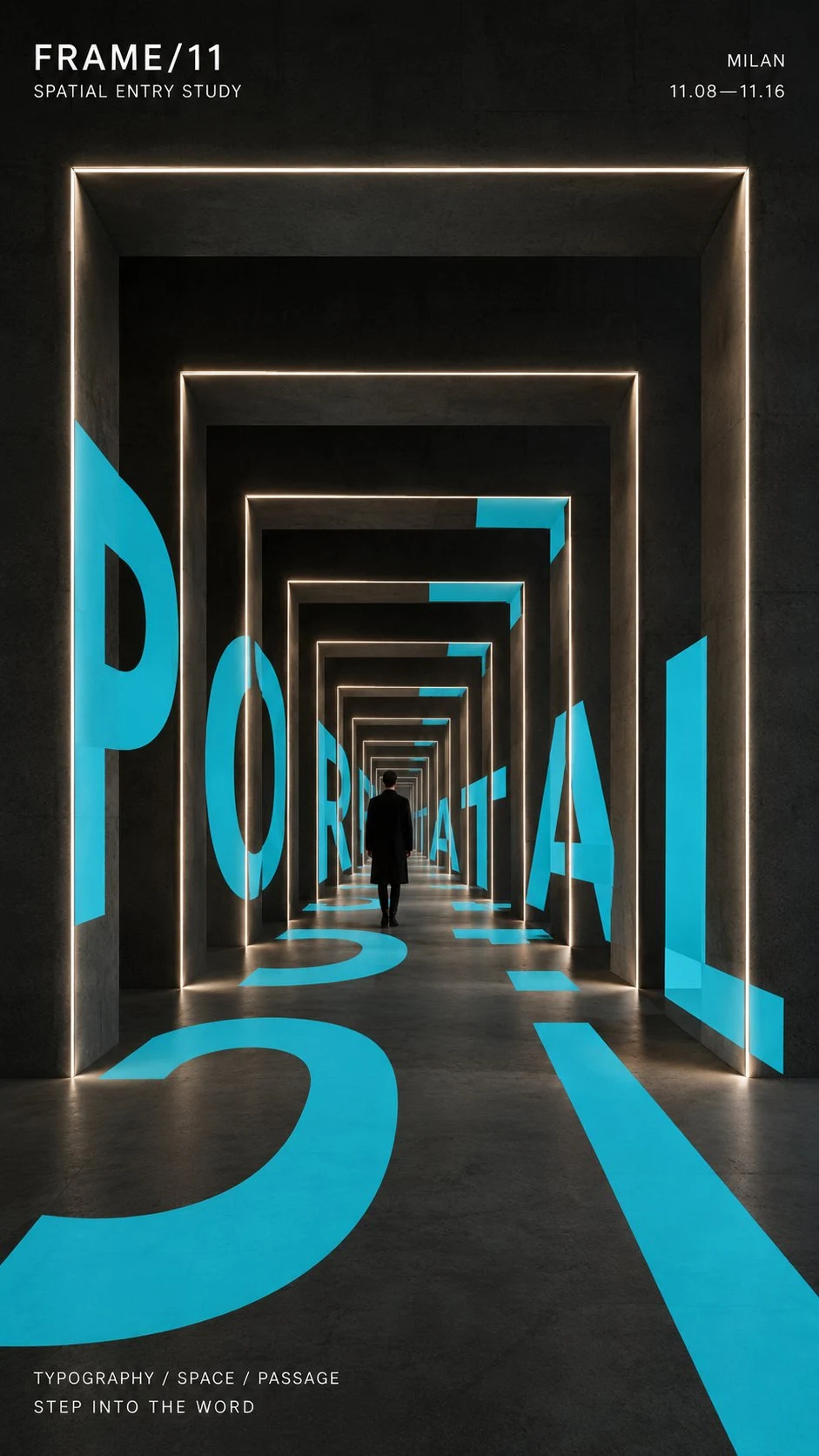 portal corridor with turquoise typography and