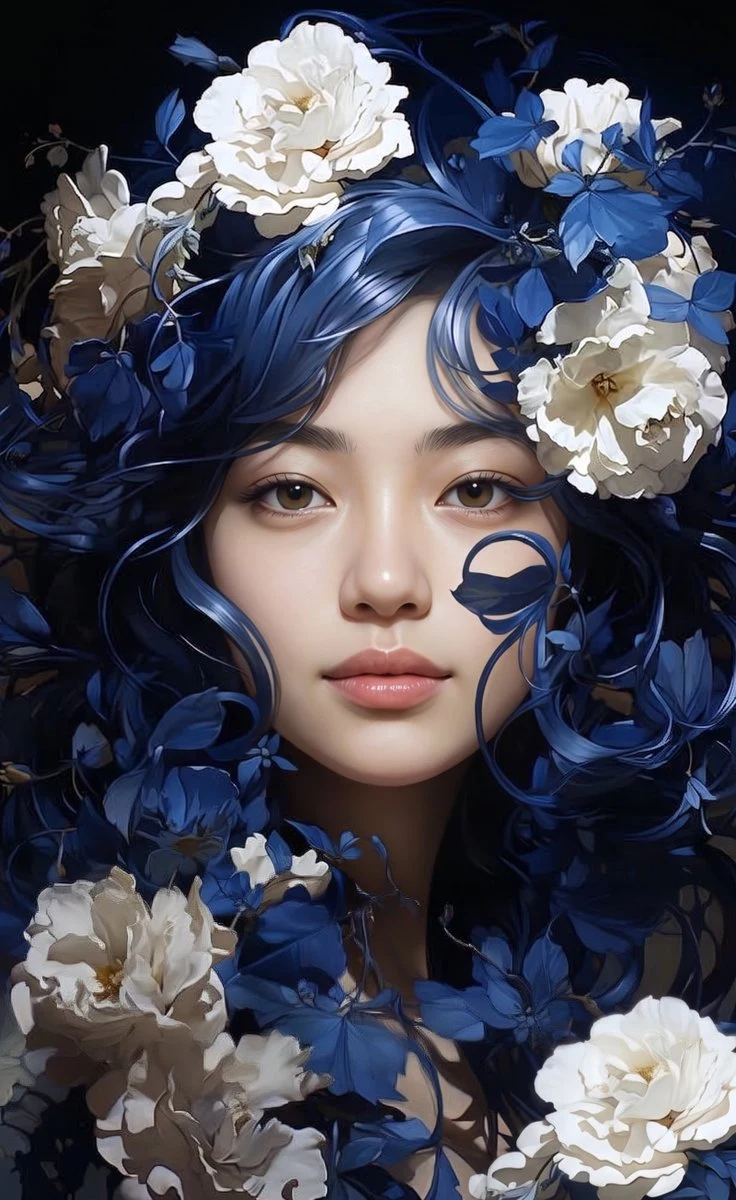 ethereal woman with blue hair and white peonies