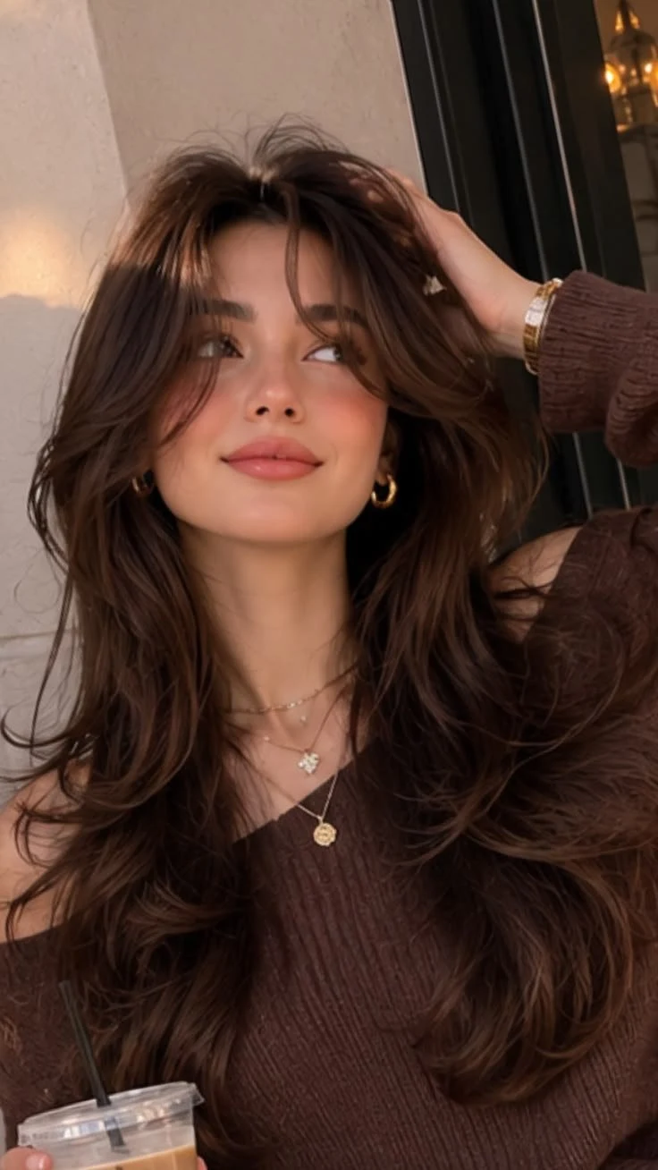Aesthetic girl with wavy brown hair holding iced