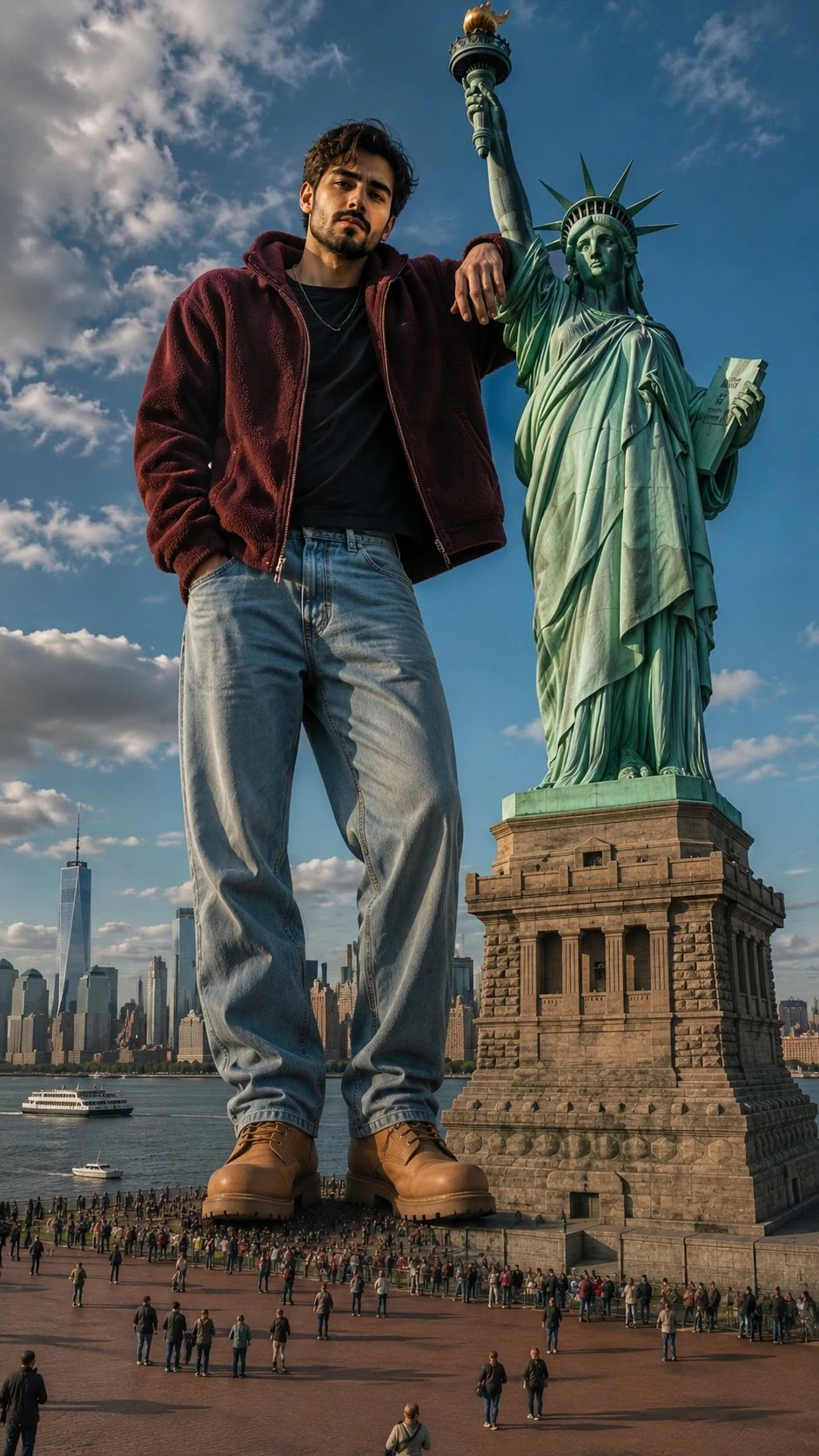 Giant Fashion Model Posing With Statue of Liberty