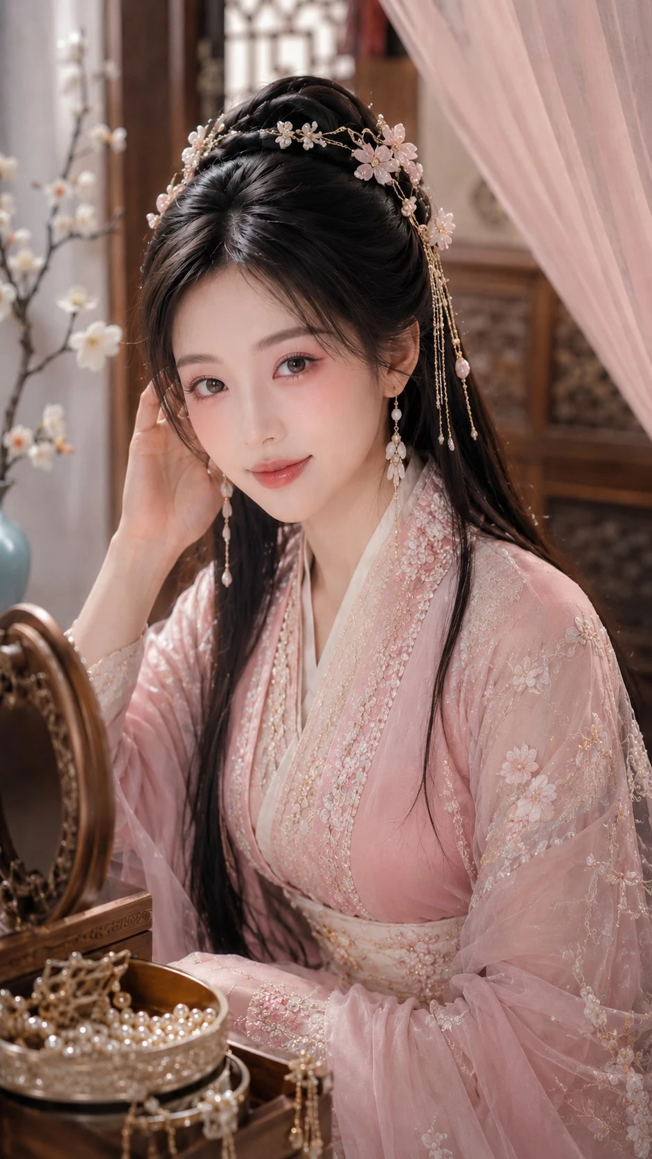 Elegant chinese hanfu woman at vanity