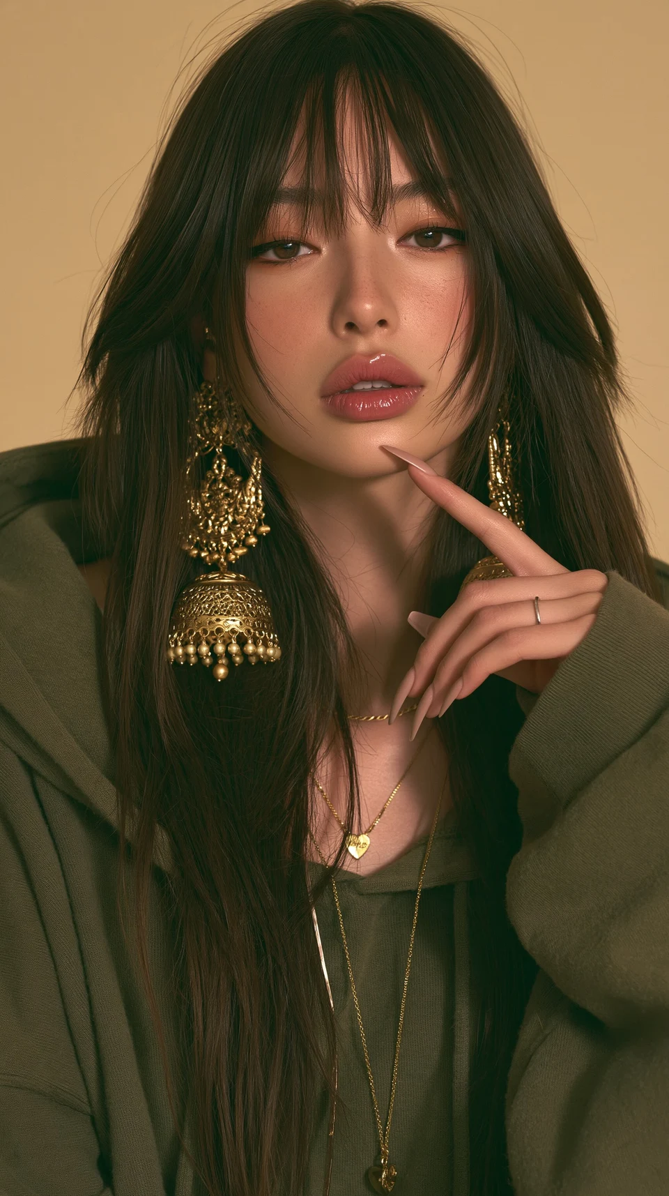 young east asian woman in green hoodie with gold