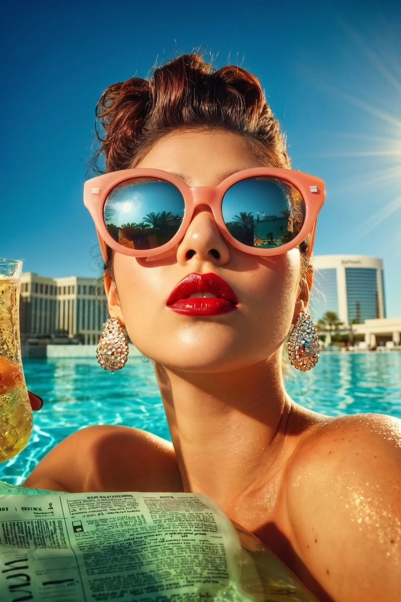 retro glamorous woman at luxury pool with sunglasses