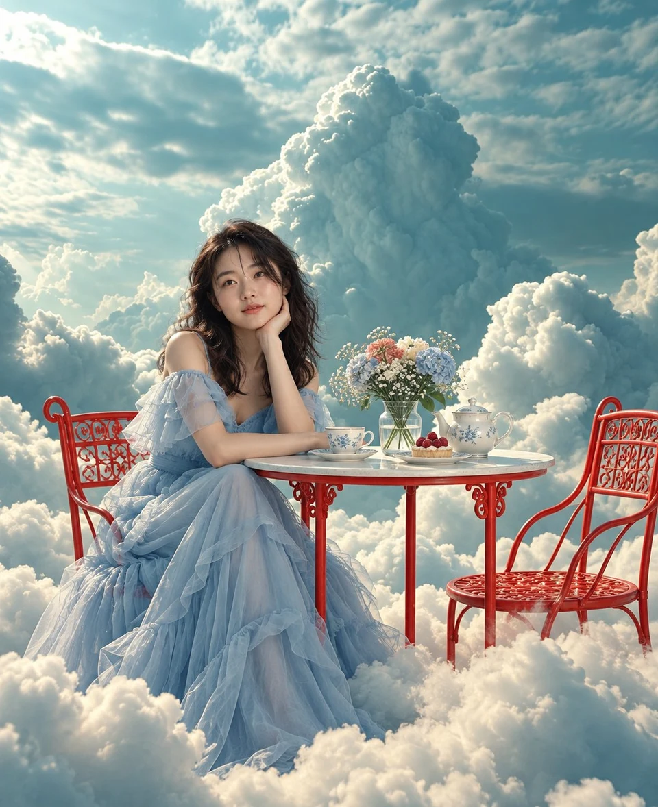 Young Woman in Blue Gown at Café Among Clouds