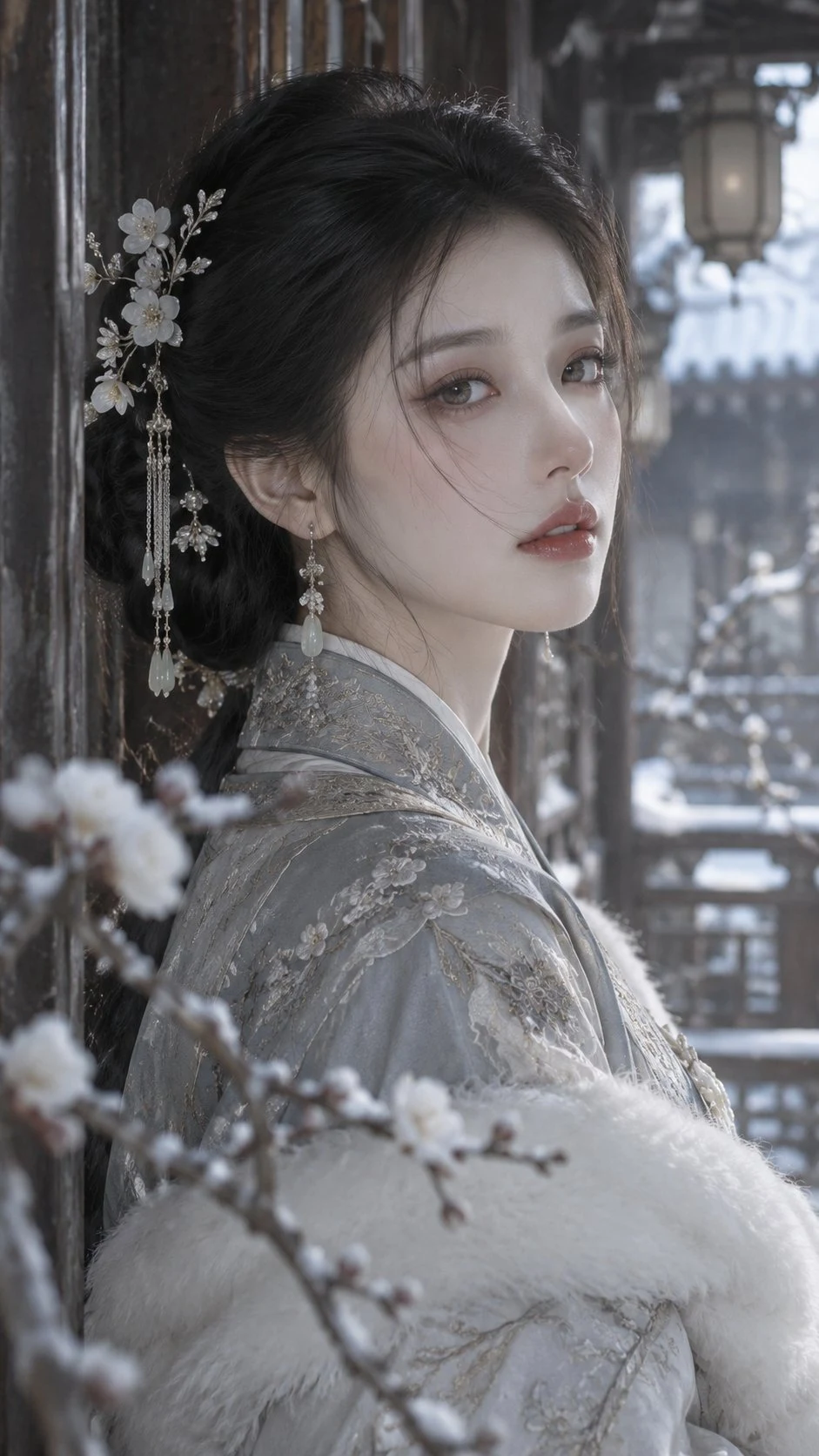 Winter Hanfu portrait of elegant young woman in
