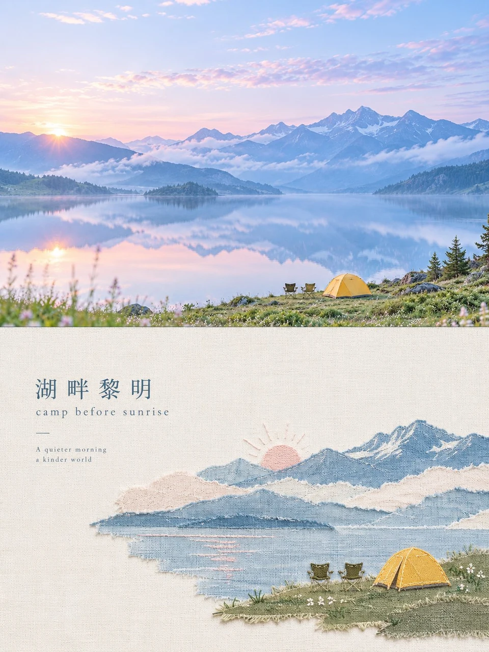 Lake morning camp poster textile collage design