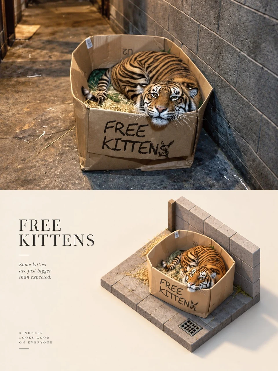 Tiger in cardboard box with hand-lettered free
