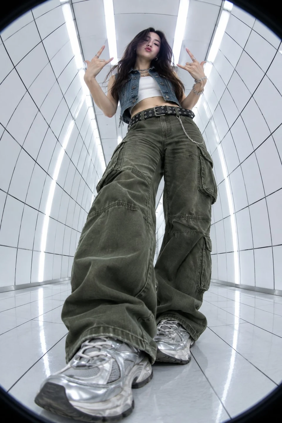 Y2K street style woman rock signs in fisheye tunnel