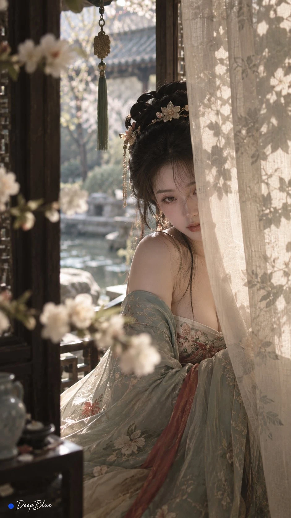 Elegant Chinese noblewoman in hanfu behind sheer