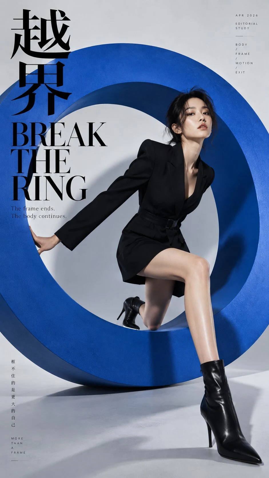Female Model Climbing Through Giant Blue Ring