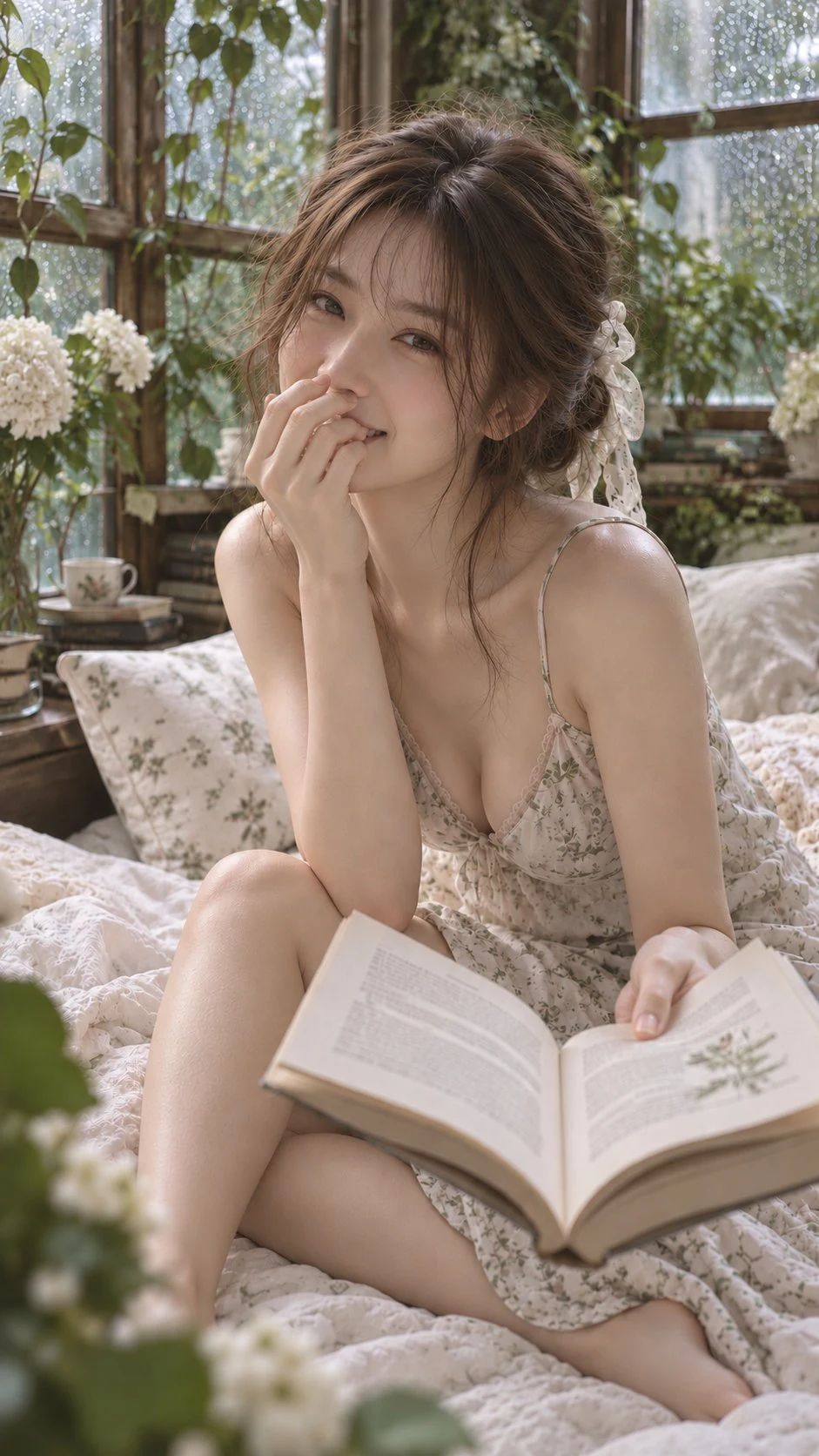 Relaxed woman reading book in bed
