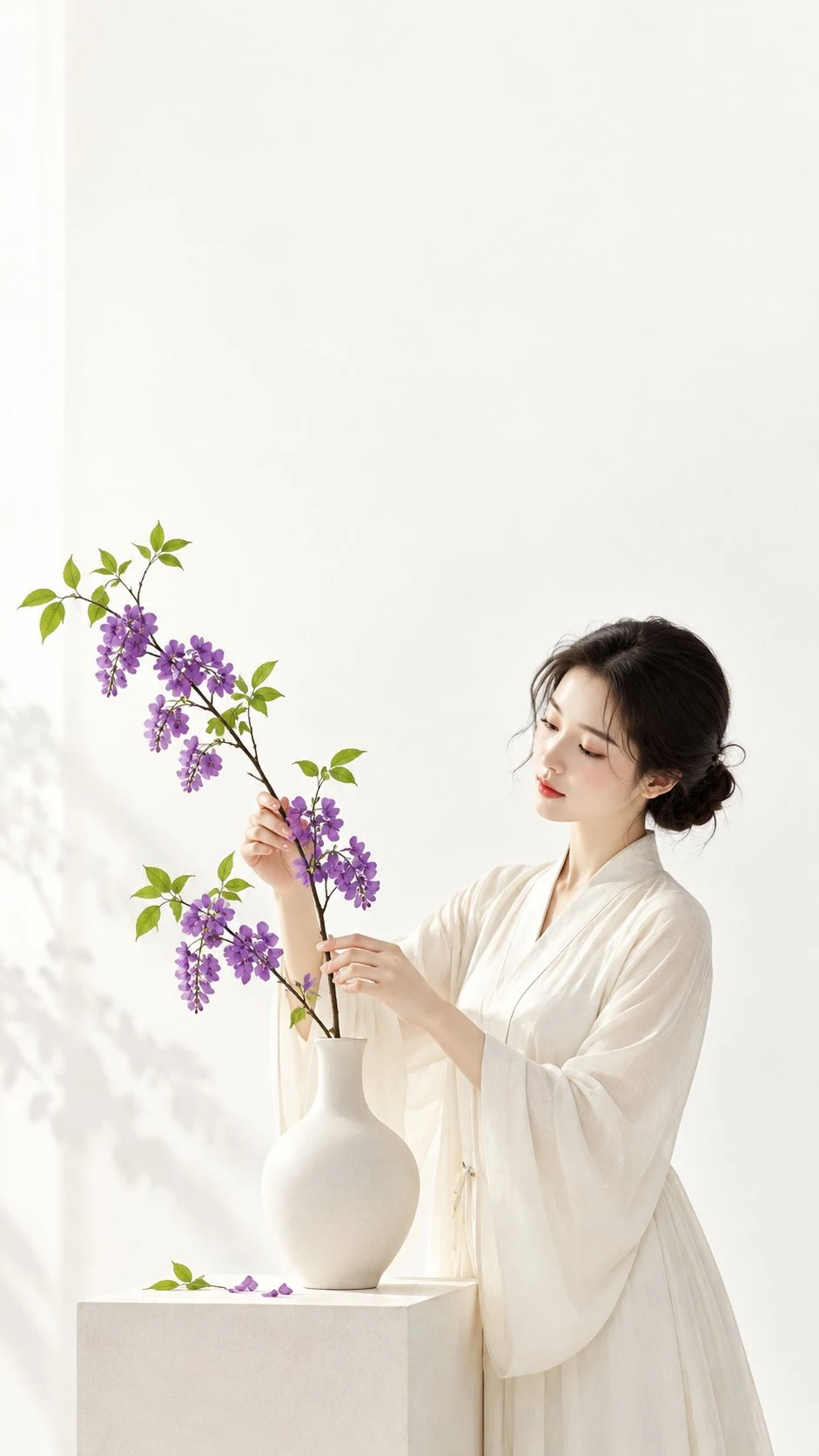 woman arranging purple flowers in minimalist zen