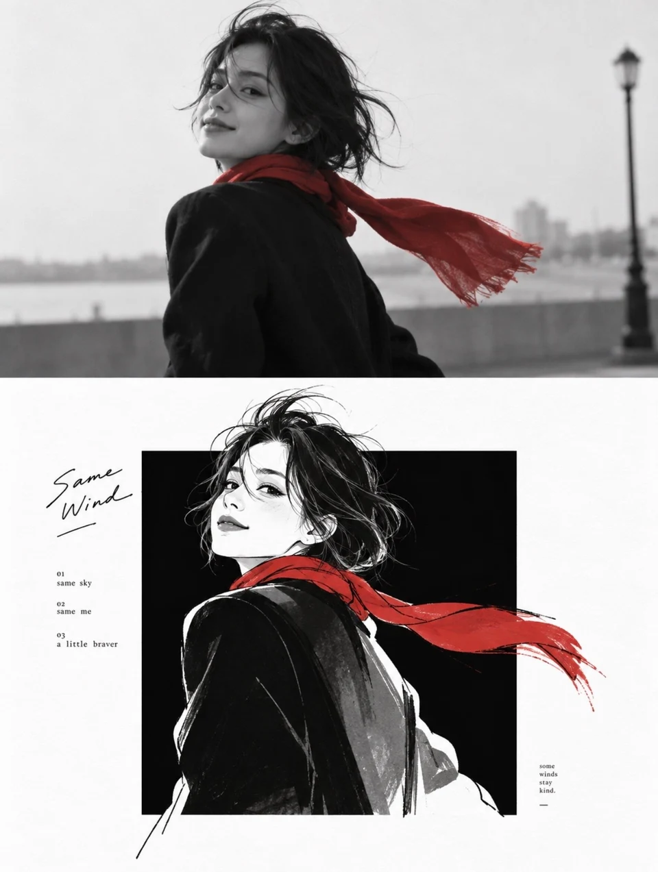 Vertical diptych with woman in red scarf breaking