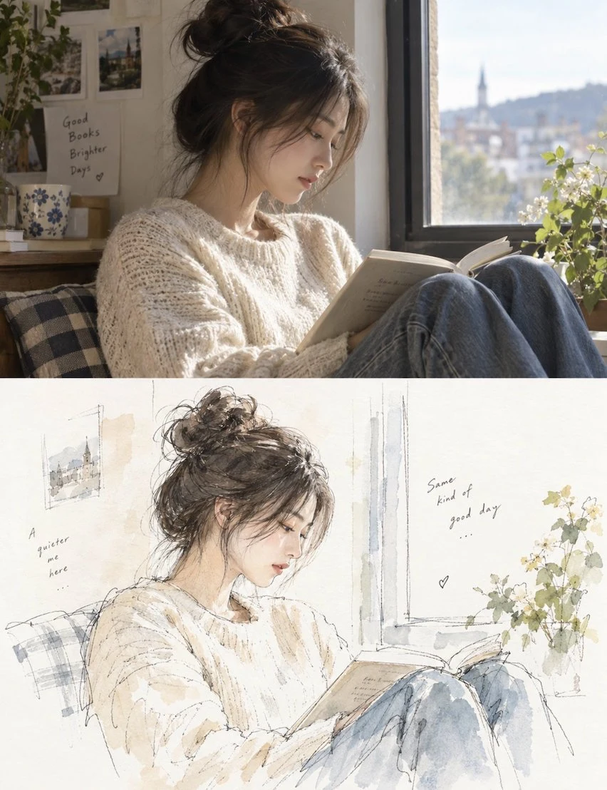 split photo and sketch girl reading by window