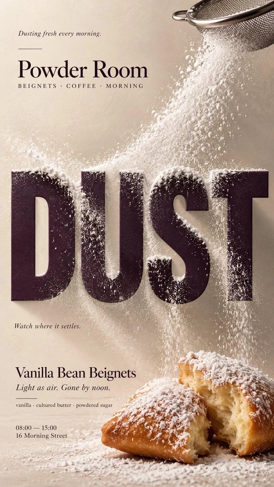 Vertical food poster with powdered sugar falling on