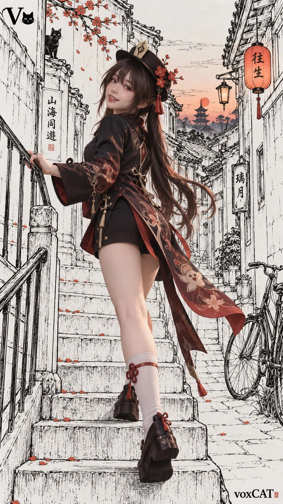 Real woman in vintage outfit against hand-drawn ink