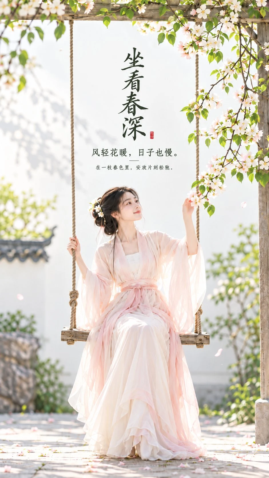 Elegant Woman in Pink Hanfu on a Swing