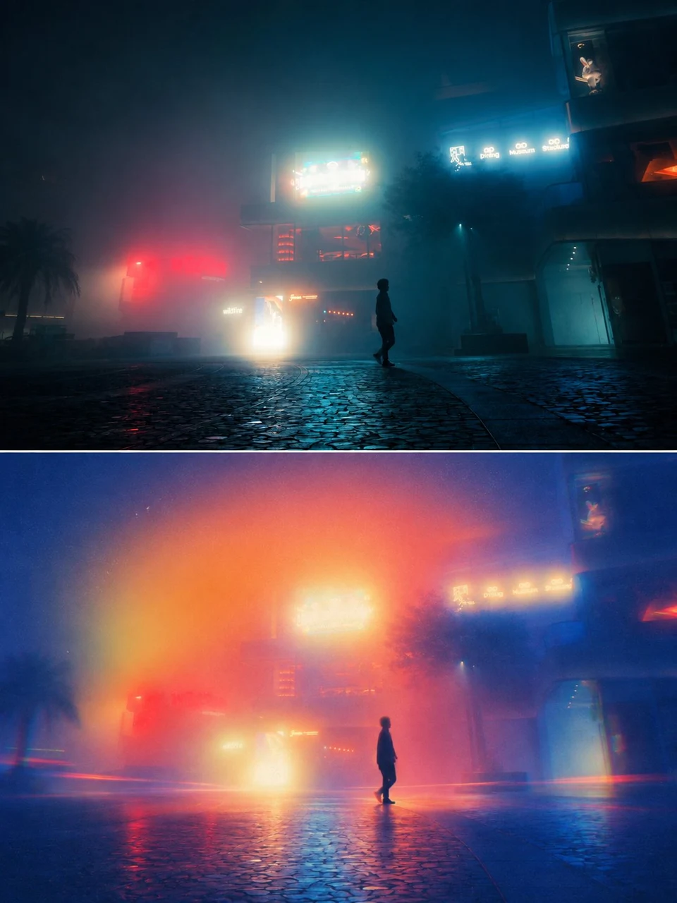 Cinematic night street silhouette with glowing neon