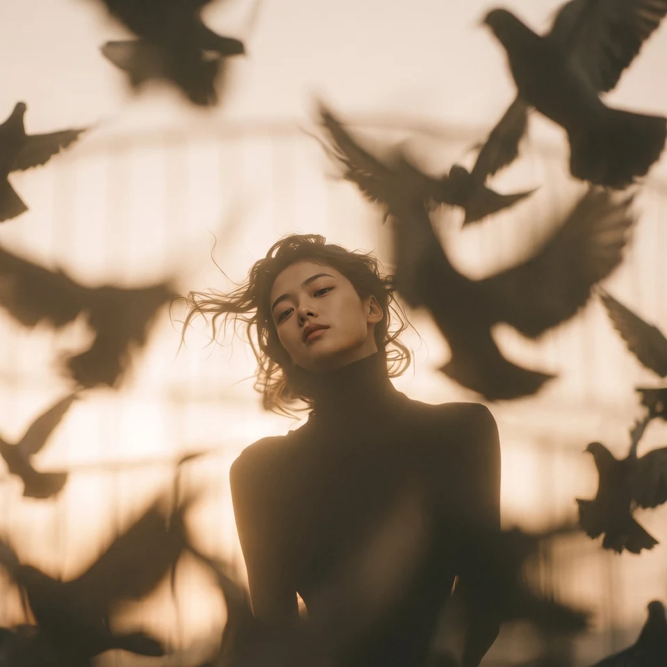 Asian woman surrounded by flying pigeons golden hour