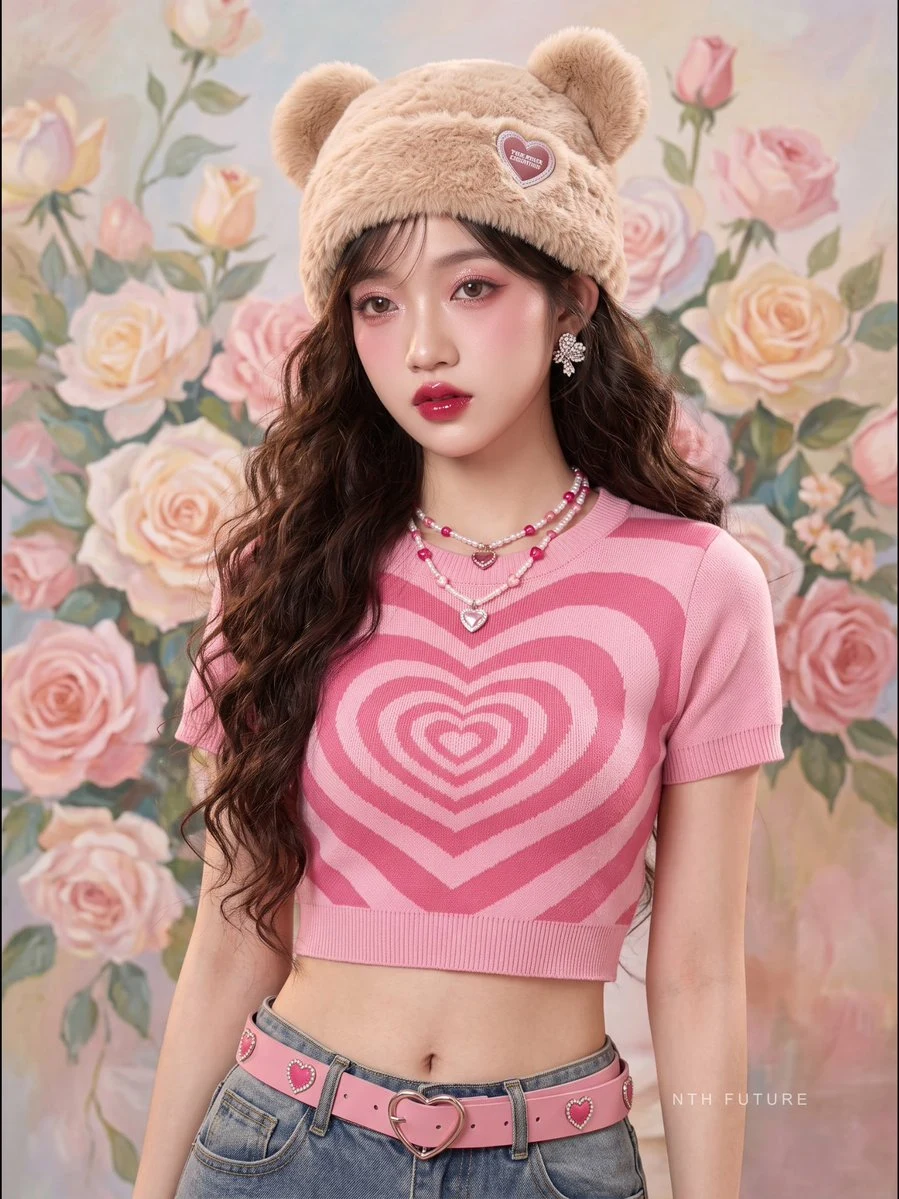 Y2K female idol in pink heart knit top