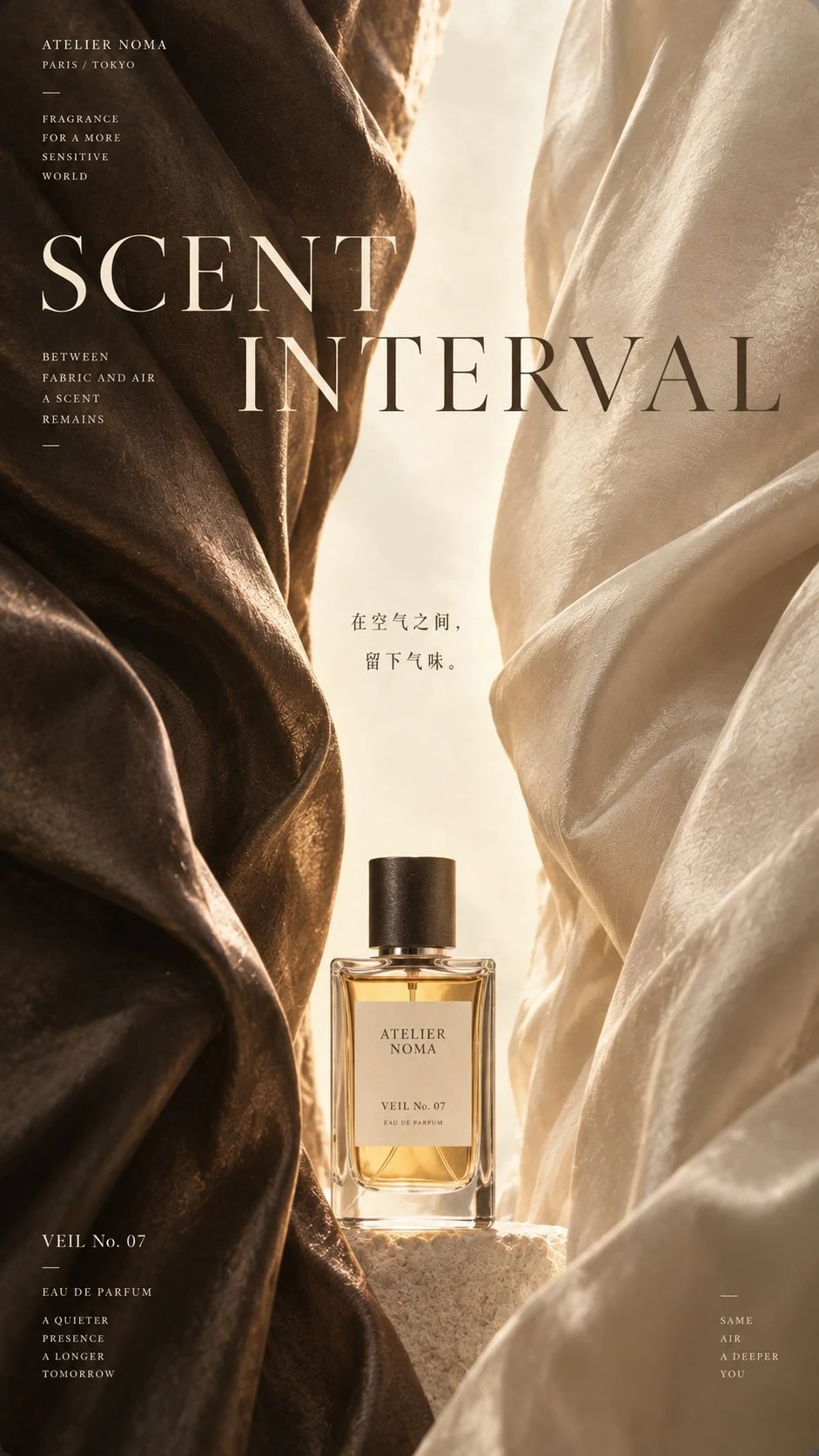 Luxury Perfume Bottle Between Draped Fabrics