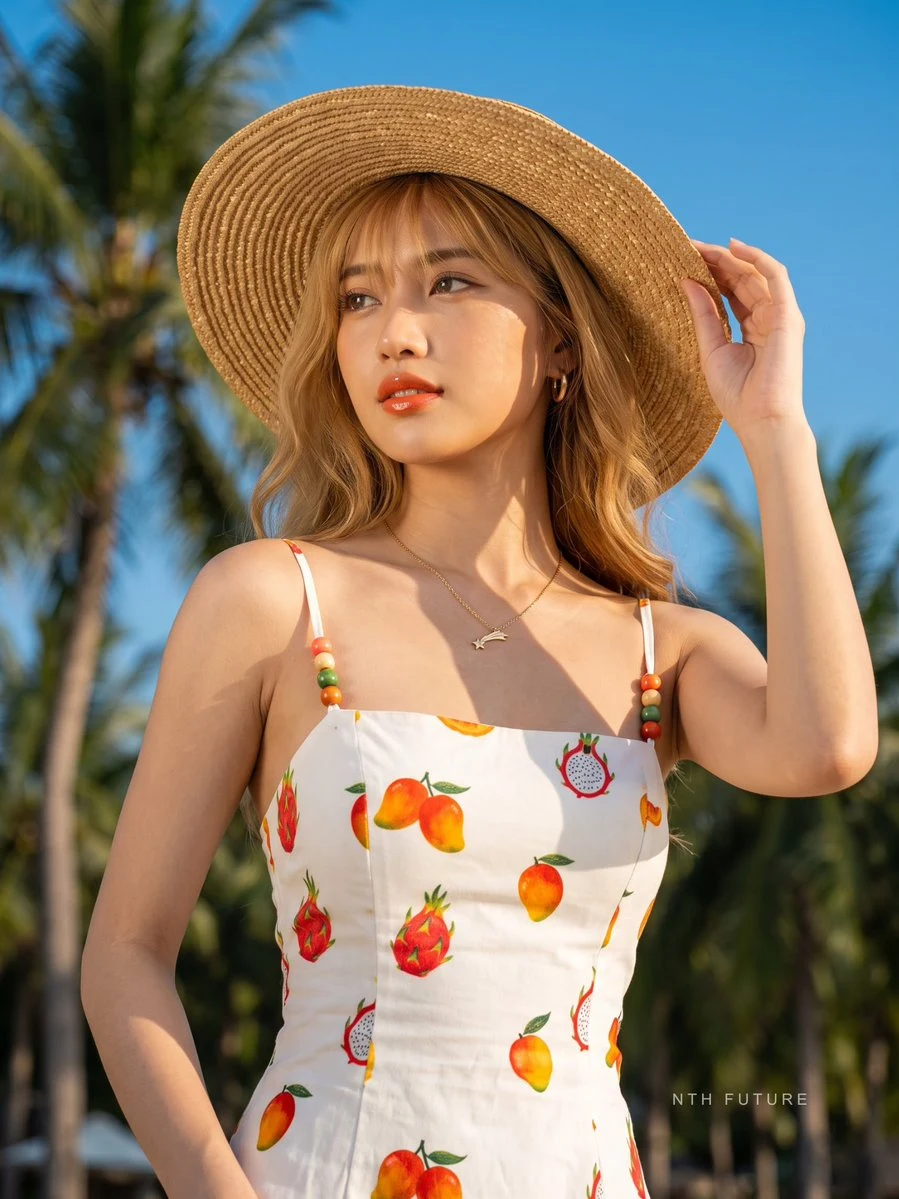 Asian woman in fruit-print sundress at tropical