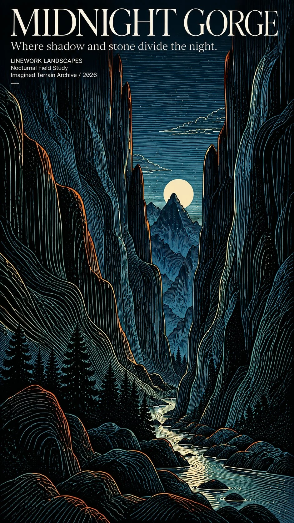 Midnight Gorge Linework Landscape Poster