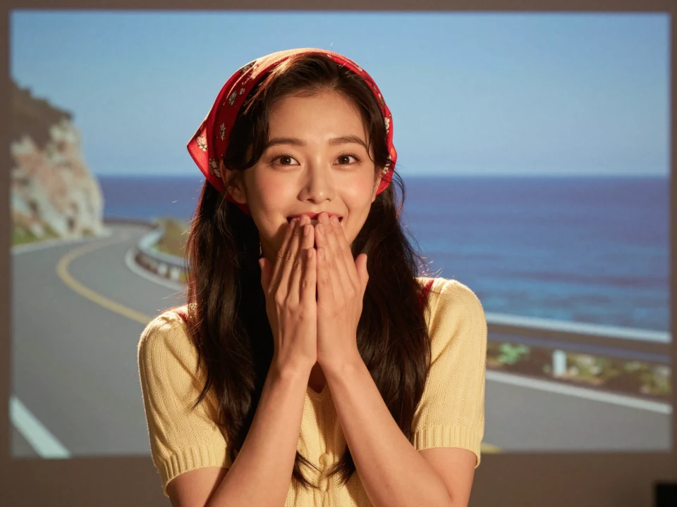 Retro Korean Girl in Yellow Knit Top with Headscarf
