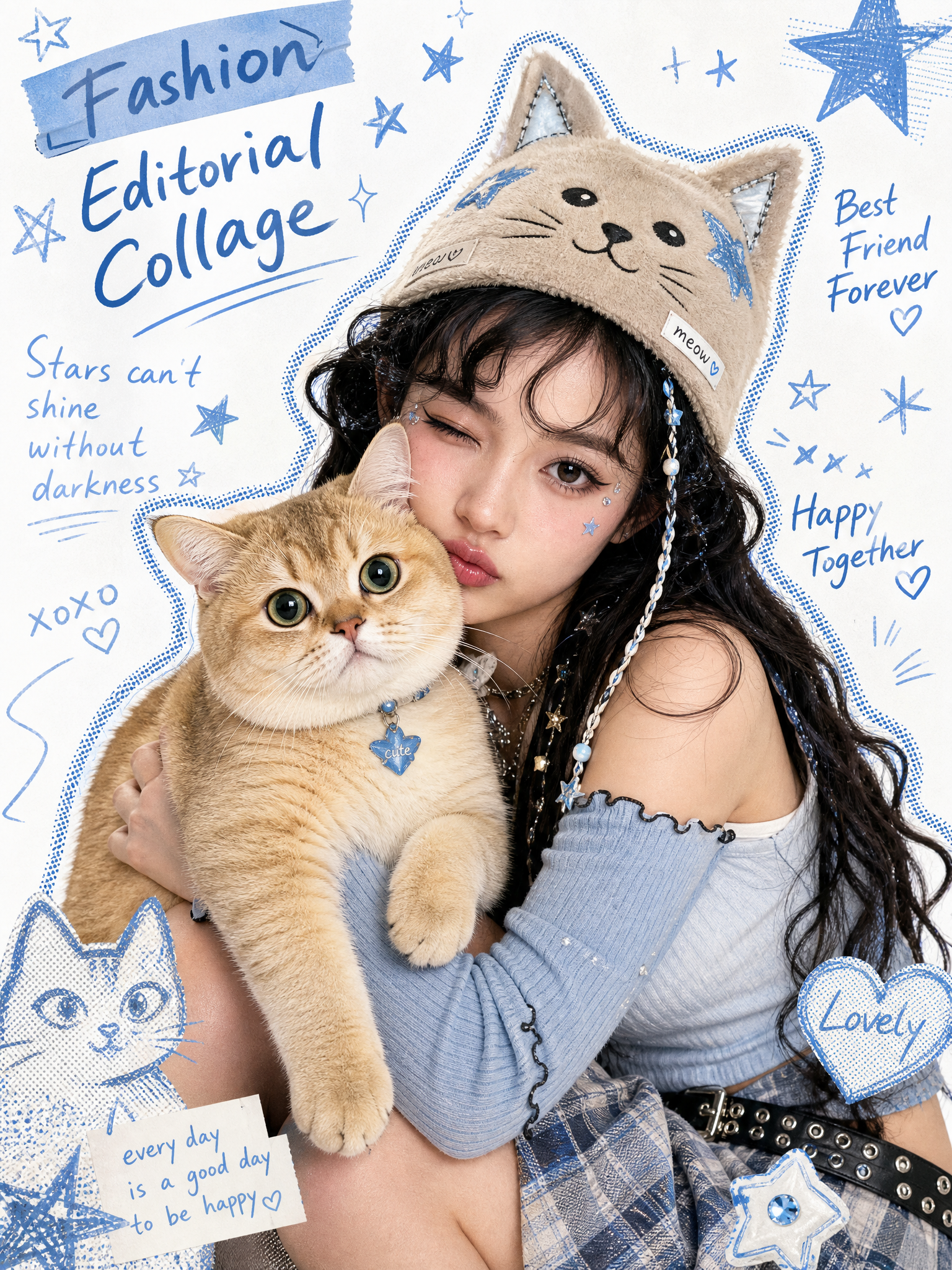 Y2K fashion editorial collage with model and cat