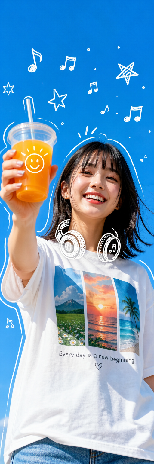 Young woman holding orange juice against blue sky