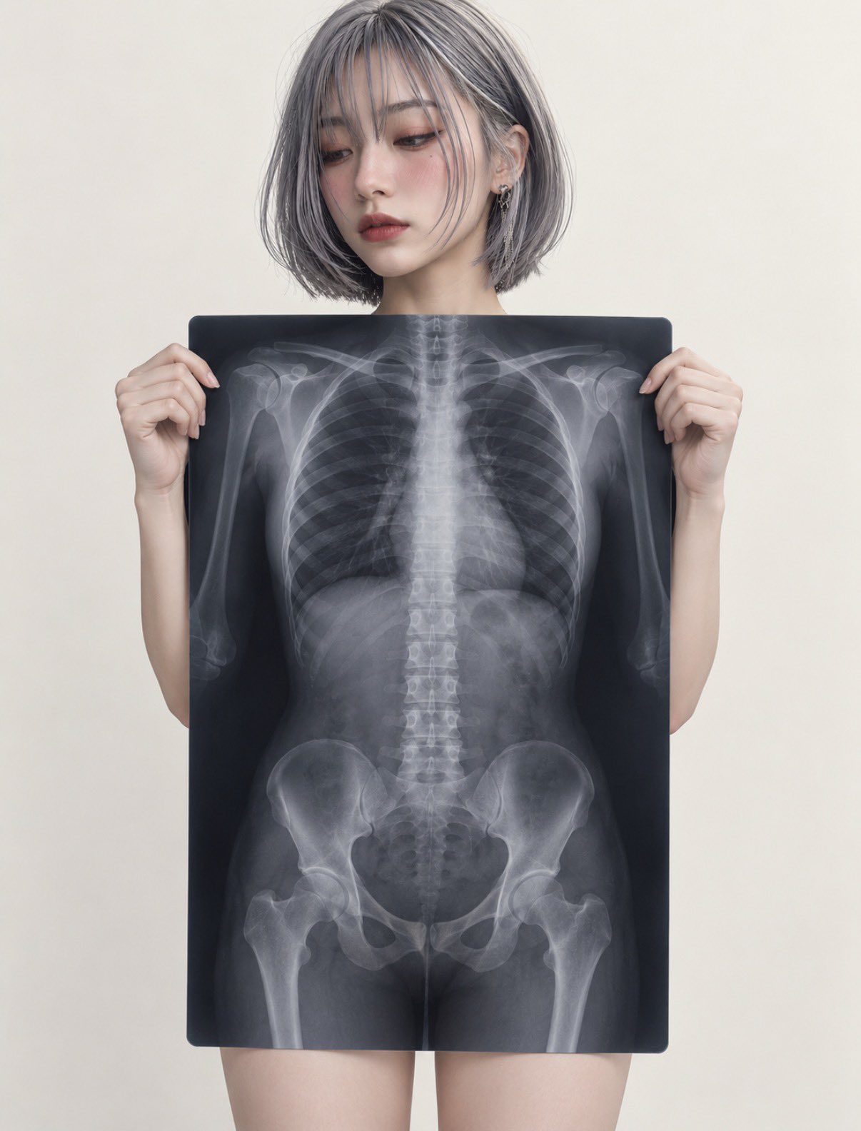 Young woman holding chest and pelvis x-ray film